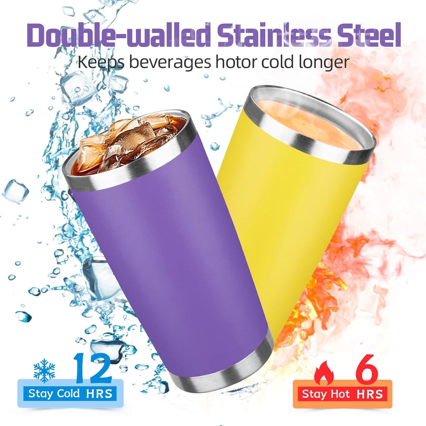 20 oz Tumbler with Lids and Straws, Stainless Steel Insulated Travel Coffee Mug, Double Wall Vacuum Insulated Tumblers, Powder Coated Coffee Tumbler for Cold & Hot Drinks (Yellow, 6 Pack)
