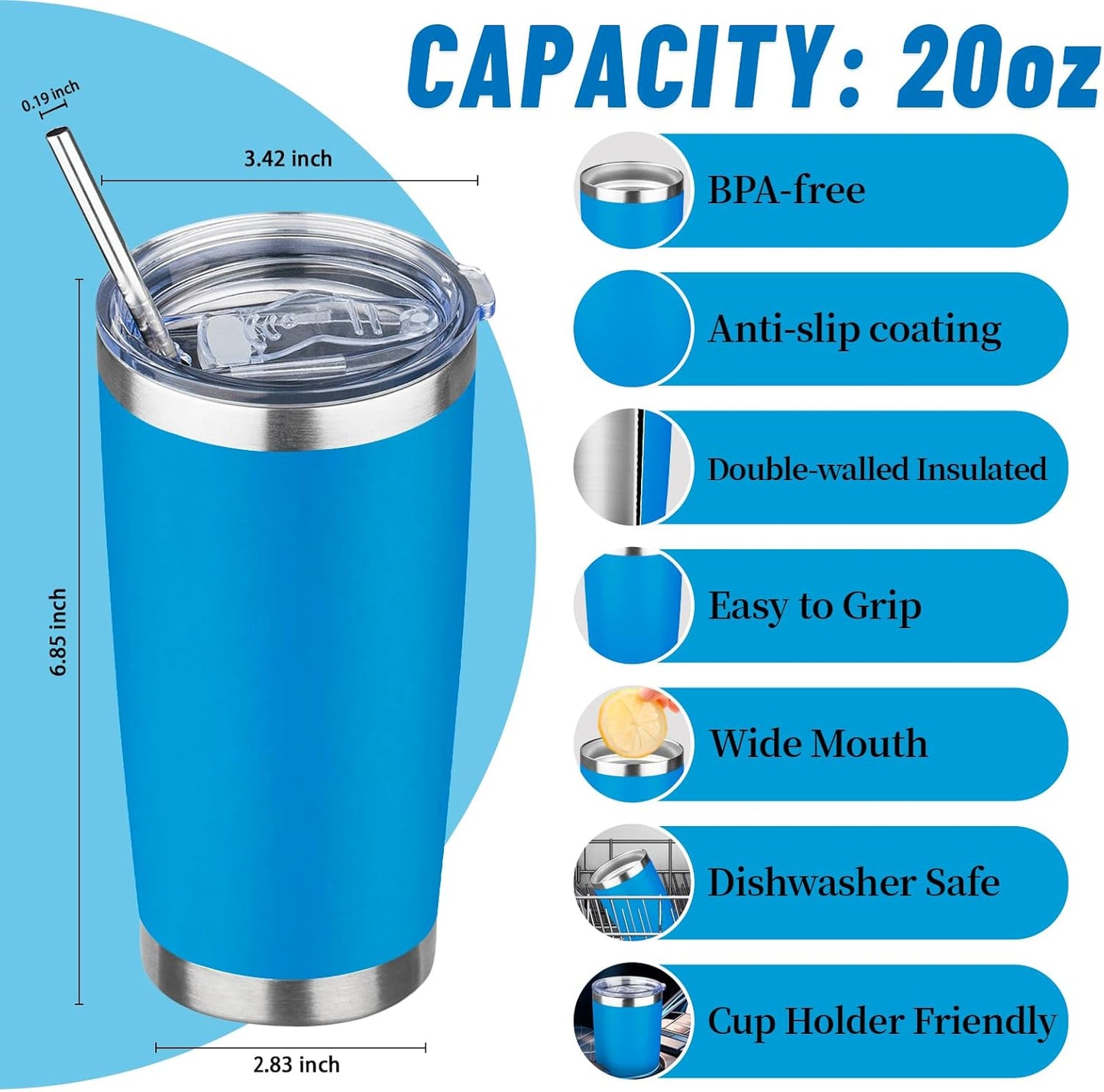 20 oz Tumbler with Lids and Straws, Stainless Steel Insulated Travel Coffee Mug, Double Wall Vacuum Insulated Tumblers, Powder Coated Coffee Tumbler for Cold & Hot Drinks (Yellow, 6 Pack)