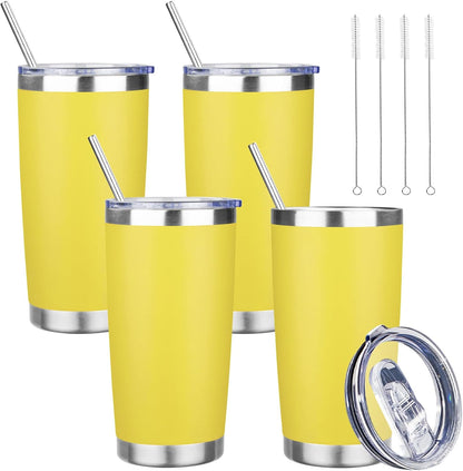 20 oz Tumbler with Lids and Straws, Stainless Steel Insulated Travel Coffee Mug, Double Wall Vacuum Insulated Tumblers, Powder Coated Coffee Tumbler for Cold & Hot Drinks (Yellow, 6 Pack)