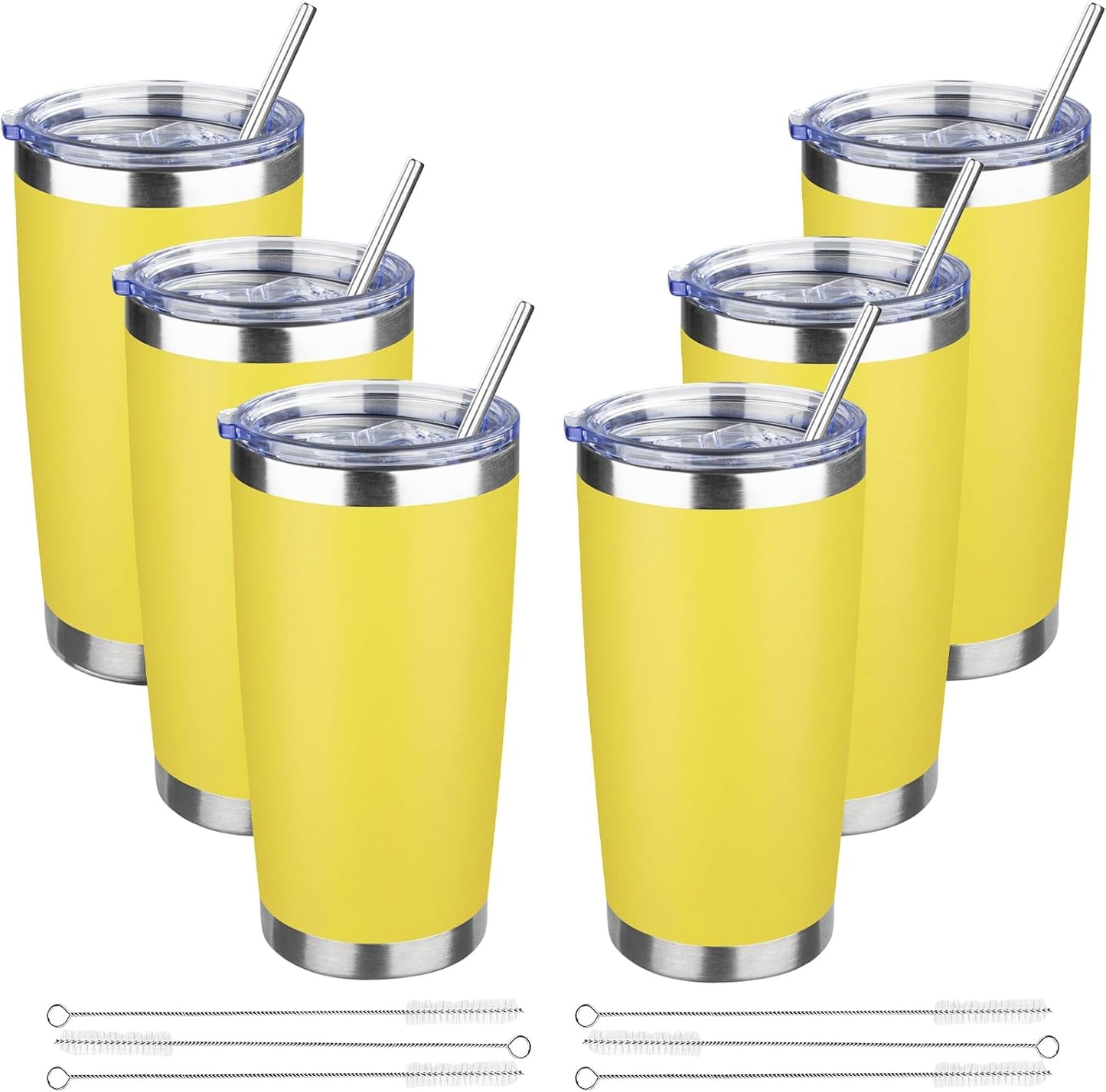 20 oz Tumbler with Lids and Straws, Stainless Steel Insulated Travel Coffee Mug, Double Wall Vacuum Insulated Tumblers, Powder Coated Coffee Tumbler for Cold & Hot Drinks (Yellow, 6 Pack)