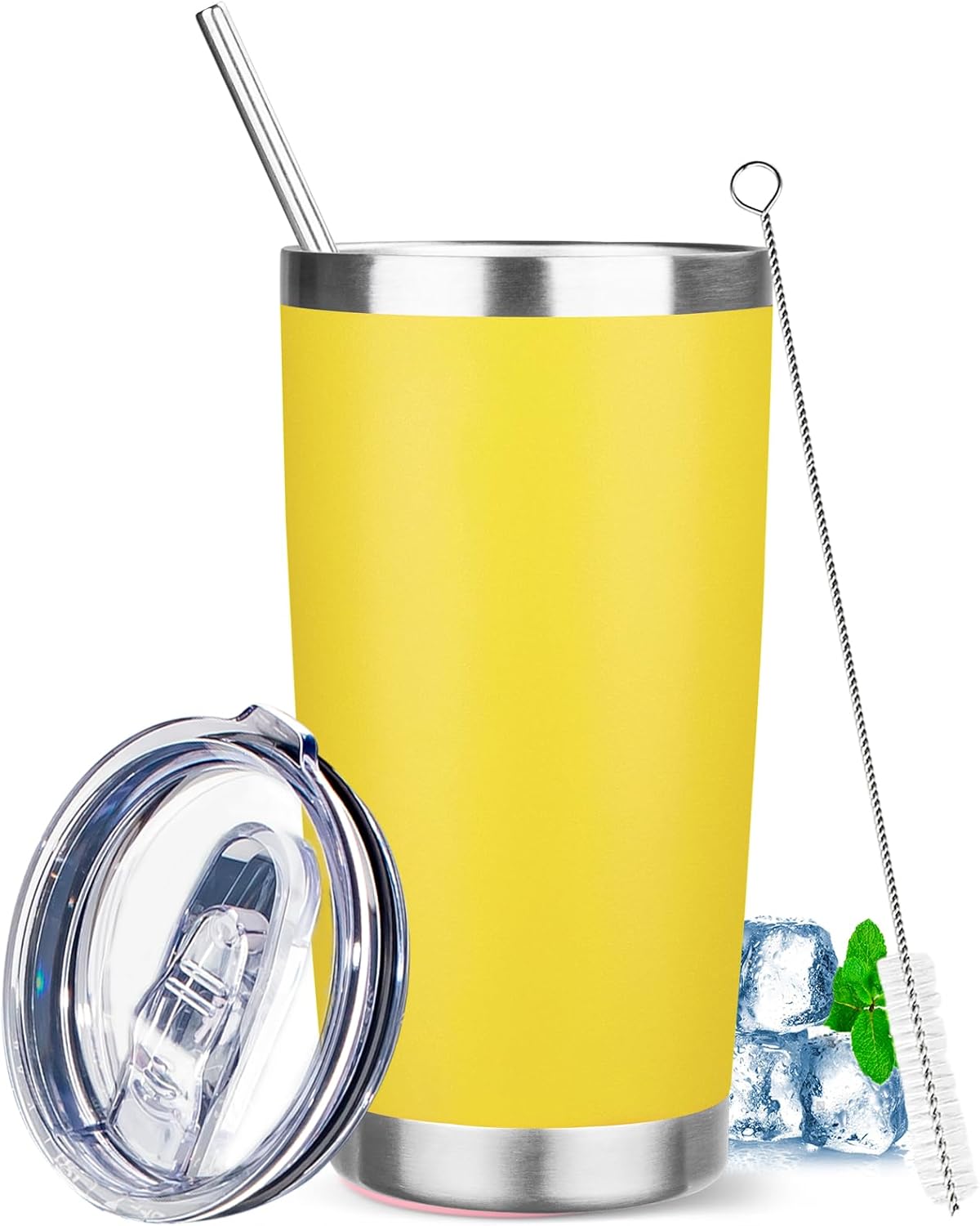 20 oz Tumbler with Lids and Straws, Stainless Steel Insulated Travel Coffee Mug, Double Wall Vacuum Insulated Tumblers, Powder Coated Coffee Tumbler for Cold & Hot Drinks (Yellow, 6 Pack)