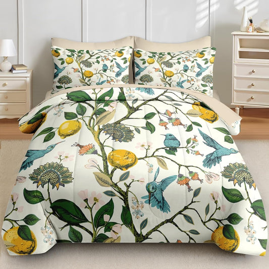 Comforter Set Queen Size, Lemon Hummingbird Botanical 7 Pcs Bedding for Kids and Adults, Chinoiserie Vintage Bed Sheet Sets with Fitted Sheet 2 Pillowcases & 2 Shams for Bedroom Bed Decor