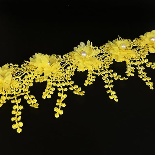 1 Yard Flower Pearl Beads Edge Trim Ribbon Floral Appliques Embroidered Lace Fabric Sewing Lace for Wedding Bridal Dress Clothes Costume Hat Decoration (Yellow, 1 Yard)