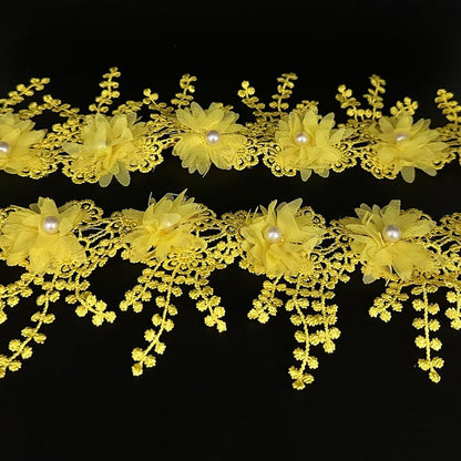 1 Yard Flower Pearl Beads Edge Trim Ribbon Floral Appliques Embroidered Lace Fabric Sewing Lace for Wedding Bridal Dress Clothes Costume Hat Decoration (Yellow, 1 Yard)