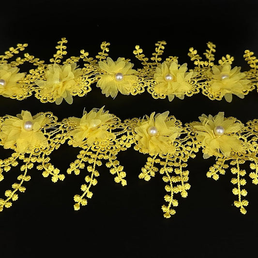 1 Yard Flower Pearl Beads Edge Trim Ribbon Floral Appliques Embroidered Lace Fabric Sewing Lace for Wedding Bridal Dress Clothes Costume Hat Decoration (Yellow, 1 Yard)