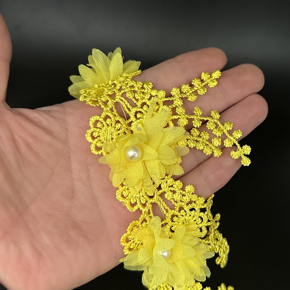 1 Yard Flower Pearl Beads Edge Trim Ribbon Floral Appliques Embroidered Lace Fabric Sewing Lace for Wedding Bridal Dress Clothes Costume Hat Decoration (Yellow, 1 Yard)