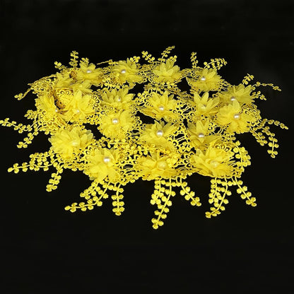 1 Yard Flower Pearl Beads Edge Trim Ribbon Floral Appliques Embroidered Lace Fabric Sewing Lace for Wedding Bridal Dress Clothes Costume Hat Decoration (Yellow, 1 Yard)