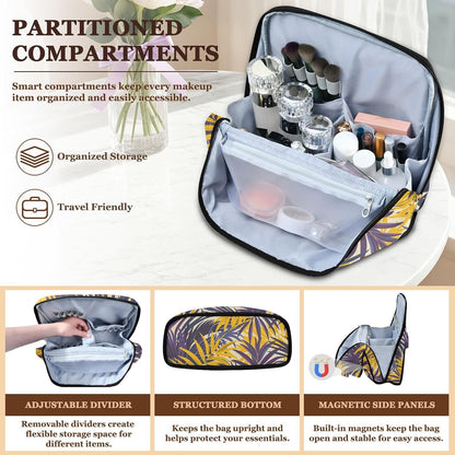 Designed Toiletry Bag Purple Yellow Palm Leaves | with dividers ,Waterproof Cosmetic Bags For Women Travel,Phone/Mirror Holder