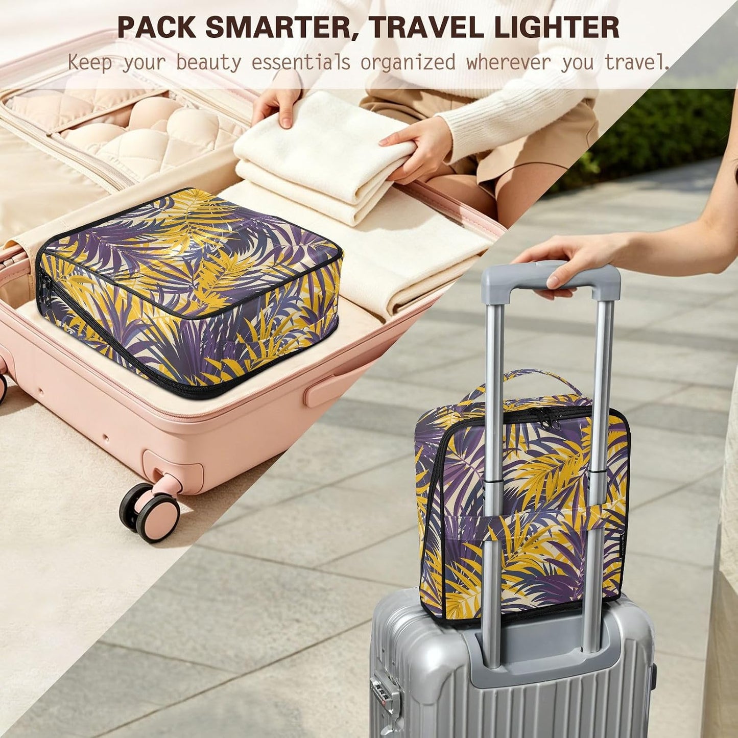 Designed Toiletry Bag Purple Yellow Palm Leaves | with dividers ,Waterproof Cosmetic Bags For Women Travel,Phone/Mirror Holder