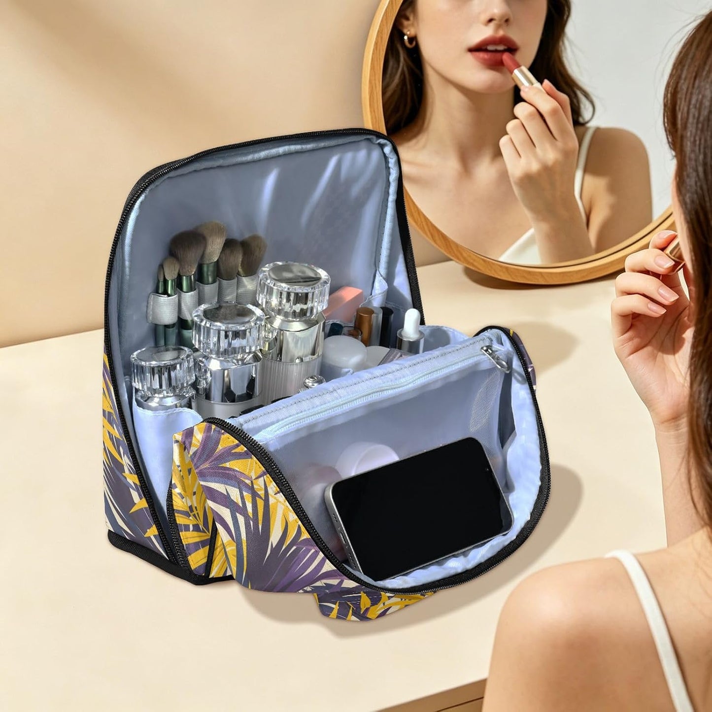 Designed Toiletry Bag Purple Yellow Palm Leaves | with dividers ,Waterproof Cosmetic Bags For Women Travel,Phone/Mirror Holder