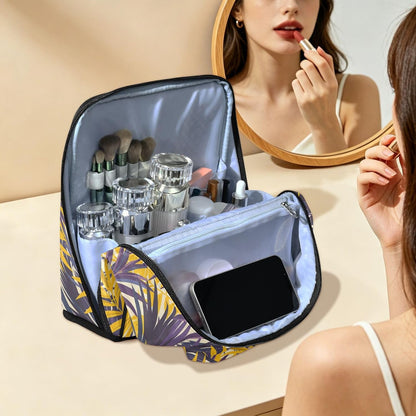Designed Toiletry Bag Purple Yellow Palm Leaves | with dividers ,Waterproof Cosmetic Bags For Women Travel,Phone/Mirror Holder