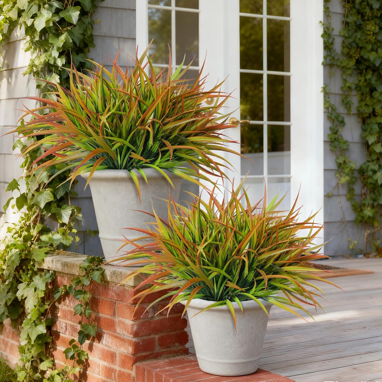 12Pcs Artificial Plants Outdoor Fake Plastic Grass Spring Decor UV Resistant Faux Greenery Stems Bushes Outside Fake Plants for Planters Patio Porch Window Box Pathway Garden Home Decor Yellow