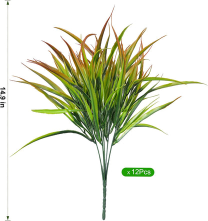 12Pcs Artificial Plants Outdoor Fake Plastic Grass Spring Decor UV Resistant Faux Greenery Stems Bushes Outside Fake Plants for Planters Patio Porch Window Box Pathway Garden Home Decor Yellow