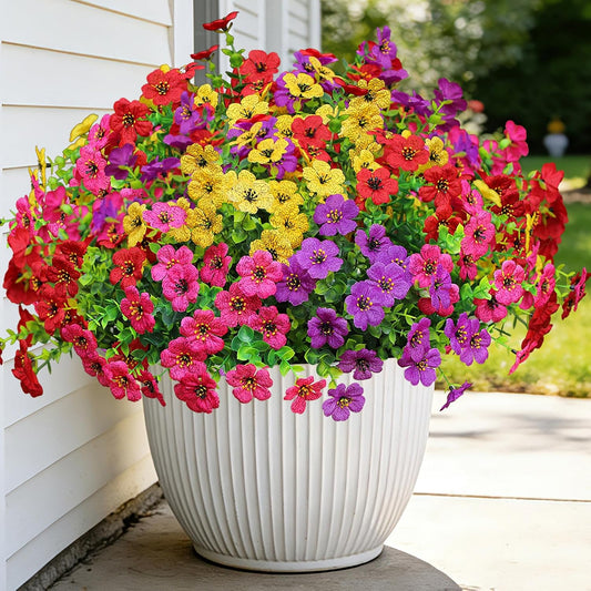 Artificial Flowers for Outdoors (12, Purple Red Yellow Hot Pink) | Fake Faux Plants Outside Realistic Spring Summer Decor, UV Resistant Silk Flowers for Home Porch Garden