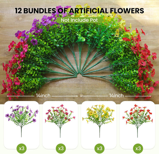 Artificial Flowers for Outdoors (12, Purple Red Yellow Hot Pink) | Fake Faux Plants Outside Realistic Spring Summer Decor, UV Resistant Silk Flowers for Home Porch Garden