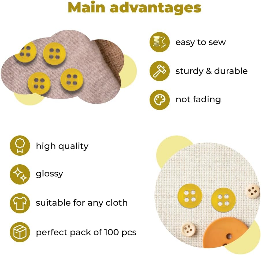 100 Pcs Yellow Sewing Buttons 4 Hole Round Buttons 0.4 inch 16L Plastic 10mm Gold Replacement Bulk Ideal for Clothes Pants Blouse Shirt Dress Skirt Shorts Decorative DIY Arts Crafts