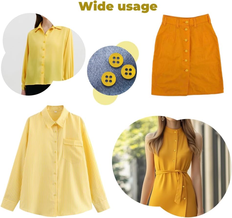 100 Pcs Yellow Sewing Buttons 4 Hole Round Buttons 0.4 inch 16L Plastic 10mm Gold Replacement Bulk Ideal for Clothes Pants Blouse Shirt Dress Skirt Shorts Decorative DIY Arts Crafts