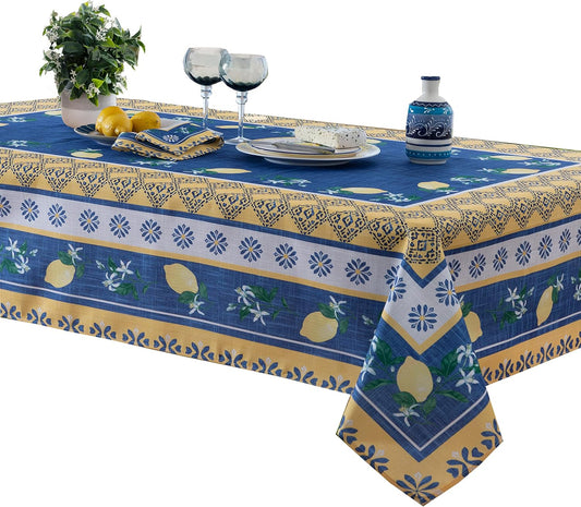 Rectangle Fabric Tablecloth, 60 x 84 Inch, Blue Lemon Garden, Indoor Outdoor Stain and Water Resistant Fabric Table Cloth, Mediterranean Orchard