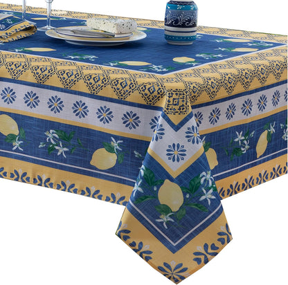 Rectangle Fabric Tablecloth, 60 x 84 Inch, Blue Lemon Garden, Indoor Outdoor Stain and Water Resistant Fabric Table Cloth, Mediterranean Orchard