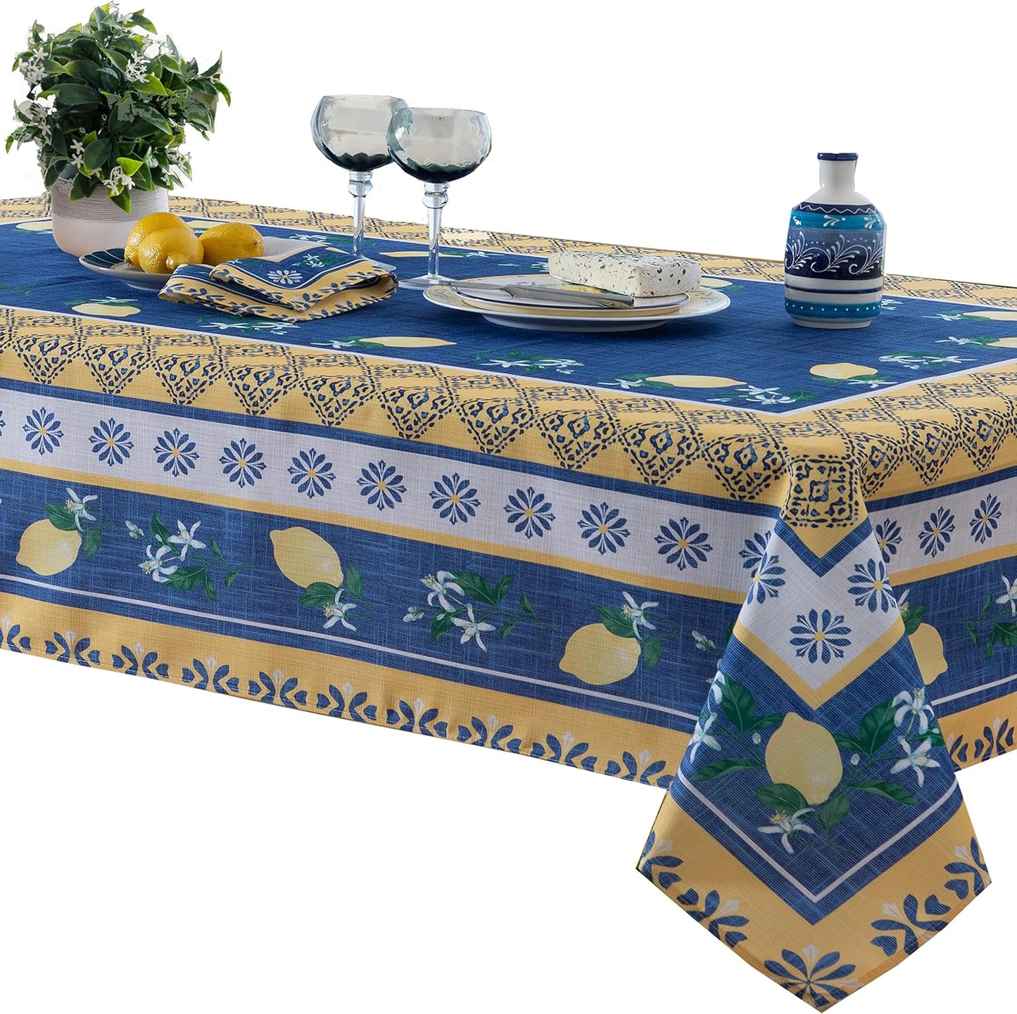 Rectangle Fabric Tablecloth, 60 x 84 Inch, Blue Lemon Garden, Indoor Outdoor Stain and Water Resistant Fabric Table Cloth, Mediterranean Orchard