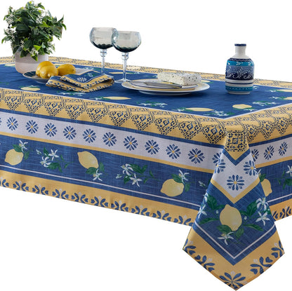 Rectangle Fabric Tablecloth, 60 x 84 Inch, Blue Lemon Garden, Indoor Outdoor Stain and Water Resistant Fabric Table Cloth, Mediterranean Orchard