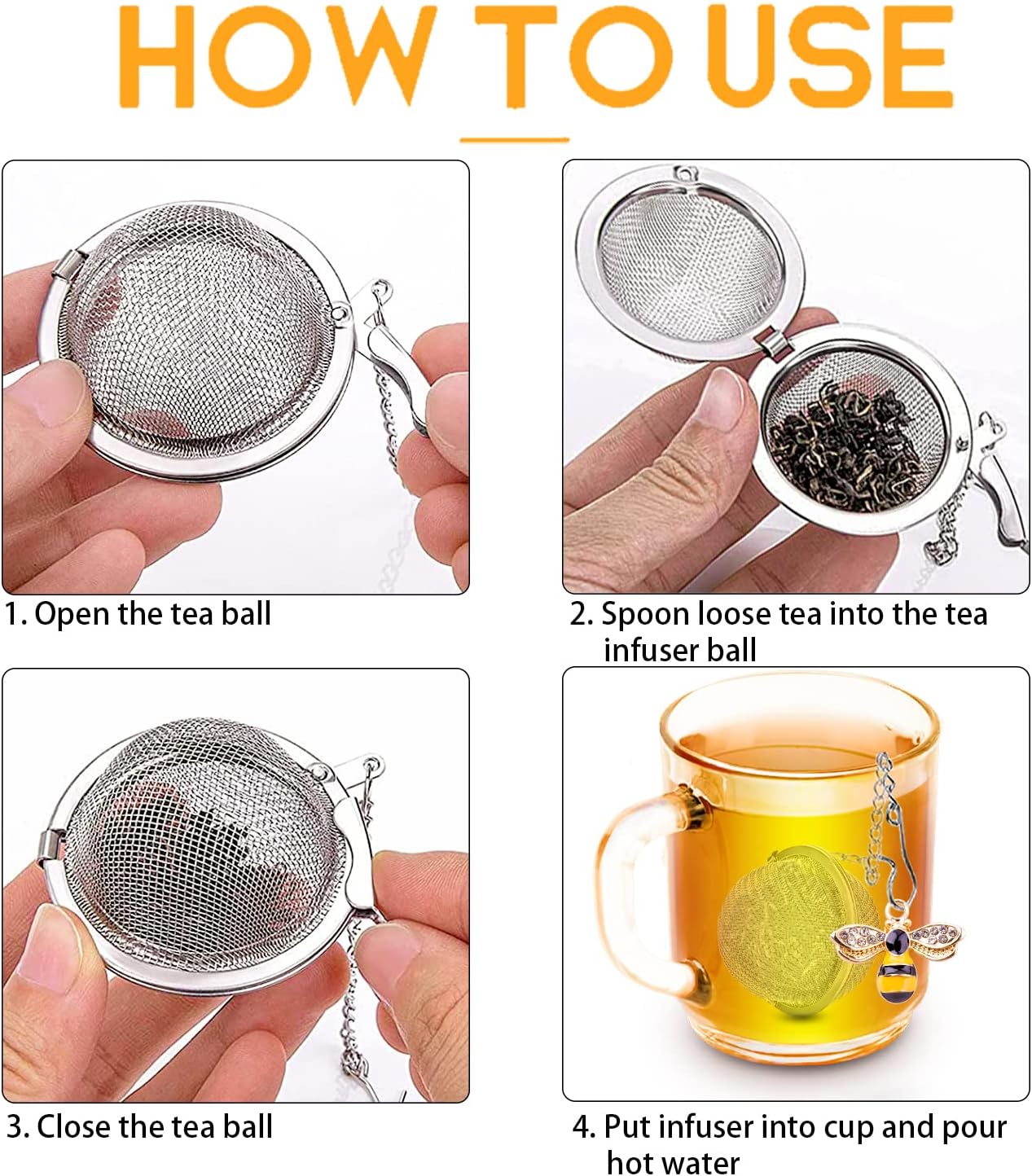 Handmade Tea Ball Infusers - 2pcs, Honey Bee Strainers with Bee Charm Pendant for Loose Leaf Tea