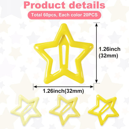 60pcs Star Hair Barrettes, Snap Star Clip, Yellow Series | Star Hair Pin Accessories for Women, Non-Slip, Ferroalloy Made, 2000s Y2K, for Birthday, Party, Music Festival