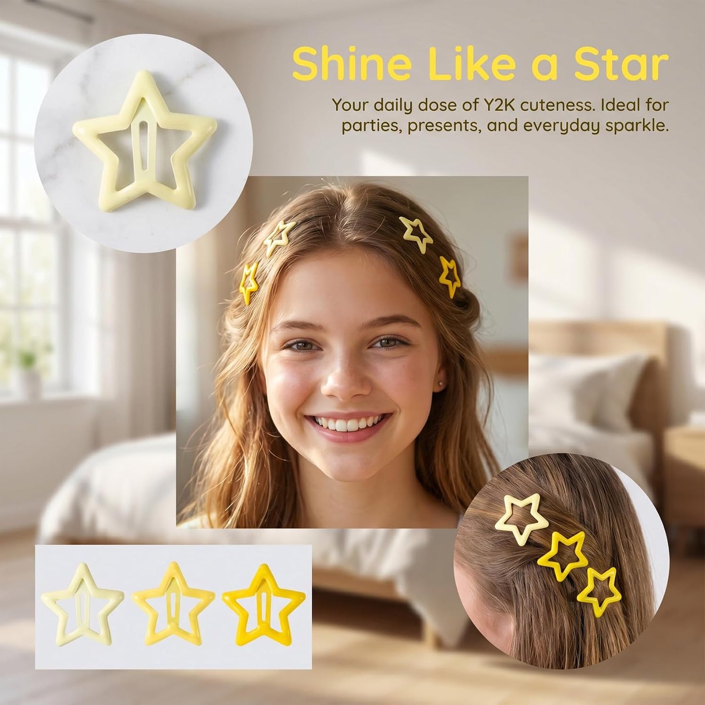 60pcs Star Hair Barrettes, Snap Star Clip, Yellow Series | Star Hair Pin Accessories for Women, Non-Slip, Ferroalloy Made, 2000s Y2K, for Birthday, Party, Music Festival