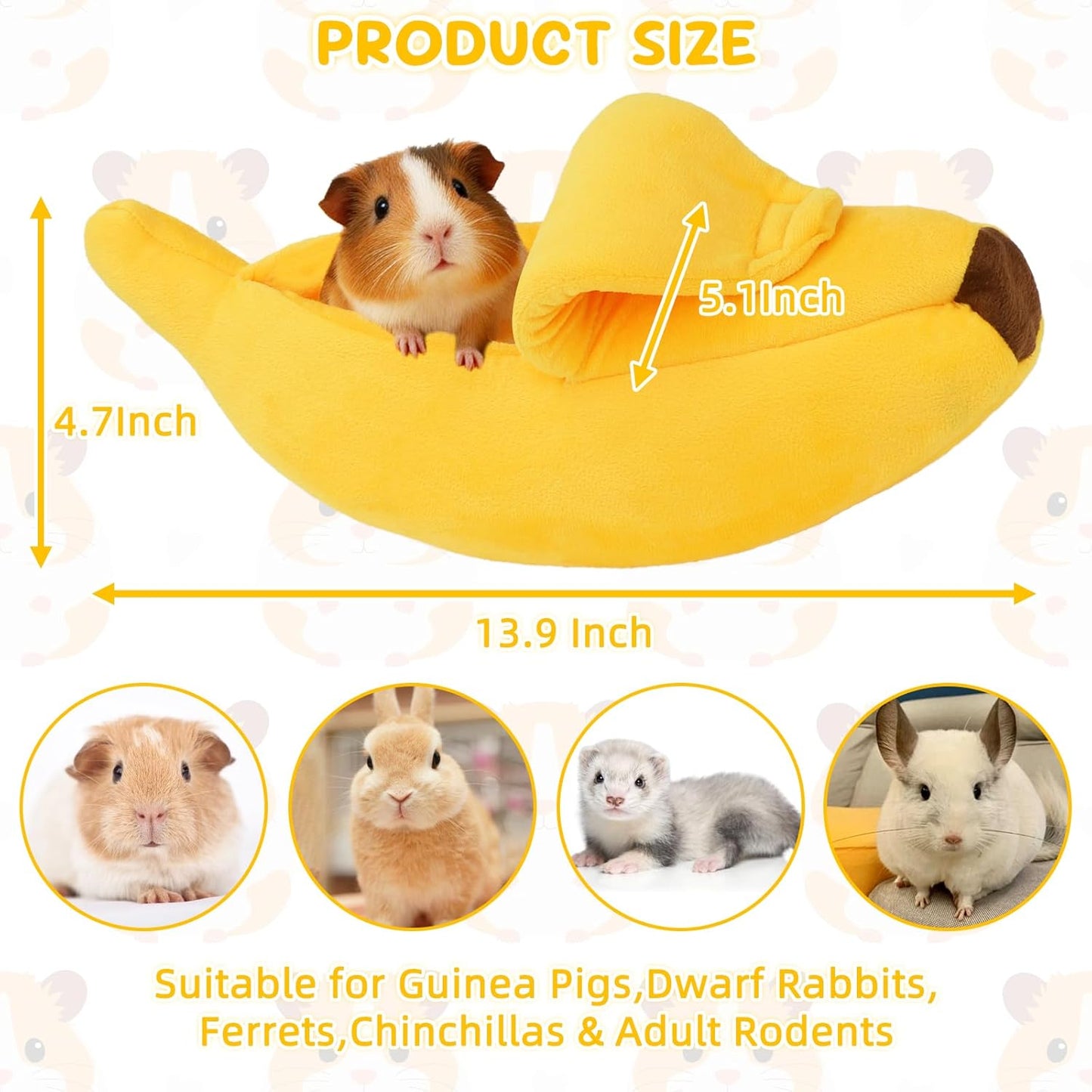 Midollarle Guinea Pig Bed, Plush Banana Snuggle Sack Hideout, Yellow S | 13.7 x 5.1 x 4.7 in S Size, Banana Cave, Peel-Open Design, PP Cotton Plush, Machine Washable, Ferrets and Hedgehogs