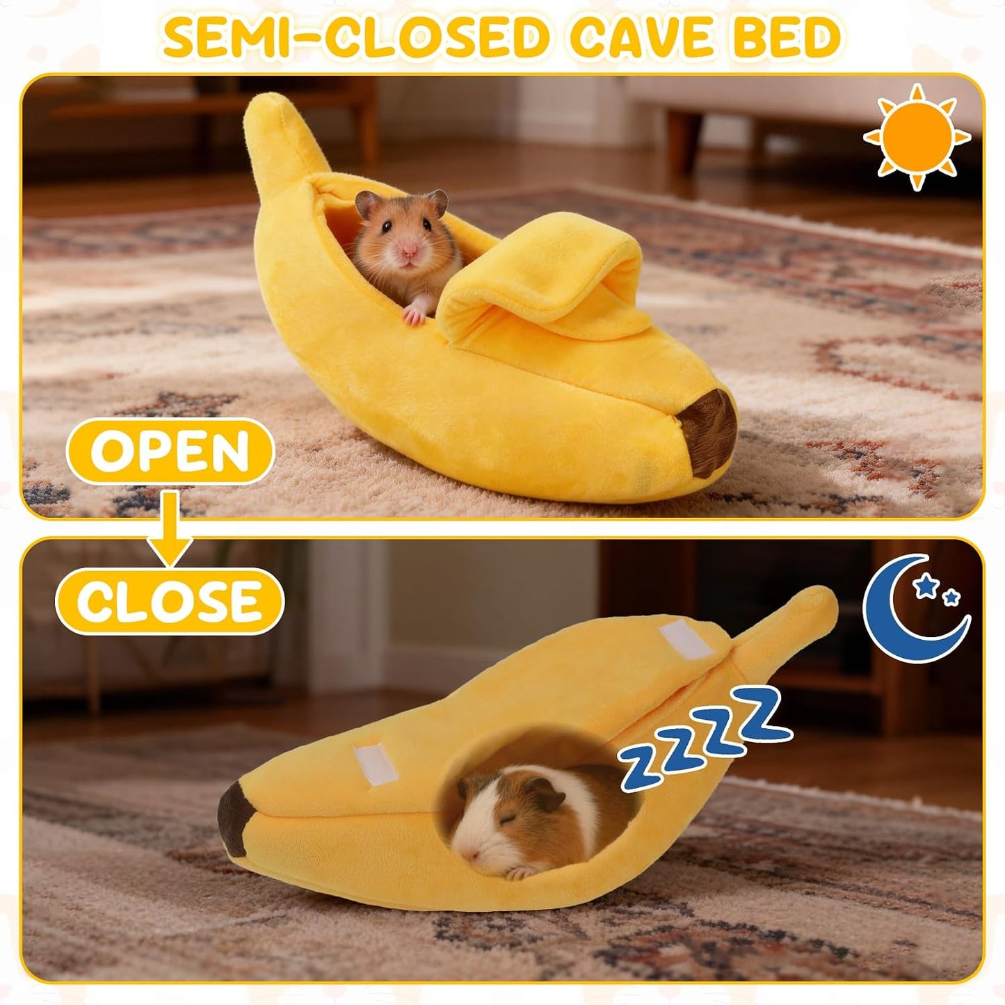 Midollarle Guinea Pig Bed, Plush Banana Snuggle Sack Hideout, Yellow S | 13.7 x 5.1 x 4.7 in S Size, Banana Cave, Peel-Open Design, PP Cotton Plush, Machine Washable, Ferrets and Hedgehogs