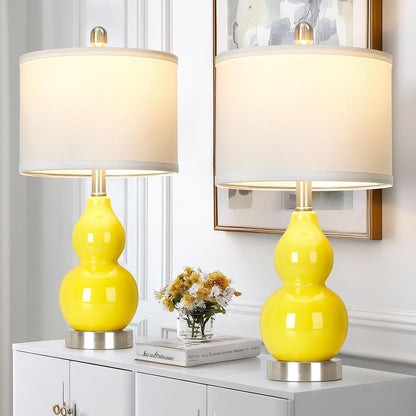 Double Gourd Ceramic Table Lamps Set of 2, Modern Yellow Bedside Lamps for Night Stand, Contemporary Nightstand Lamps for Bedroom Living Room (Bulb Included)