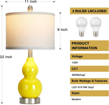 Double Gourd Ceramic Table Lamps Set of 2, Modern Yellow Bedside Lamps for Night Stand, Contemporary Nightstand Lamps for Bedroom Living Room (Bulb Included)