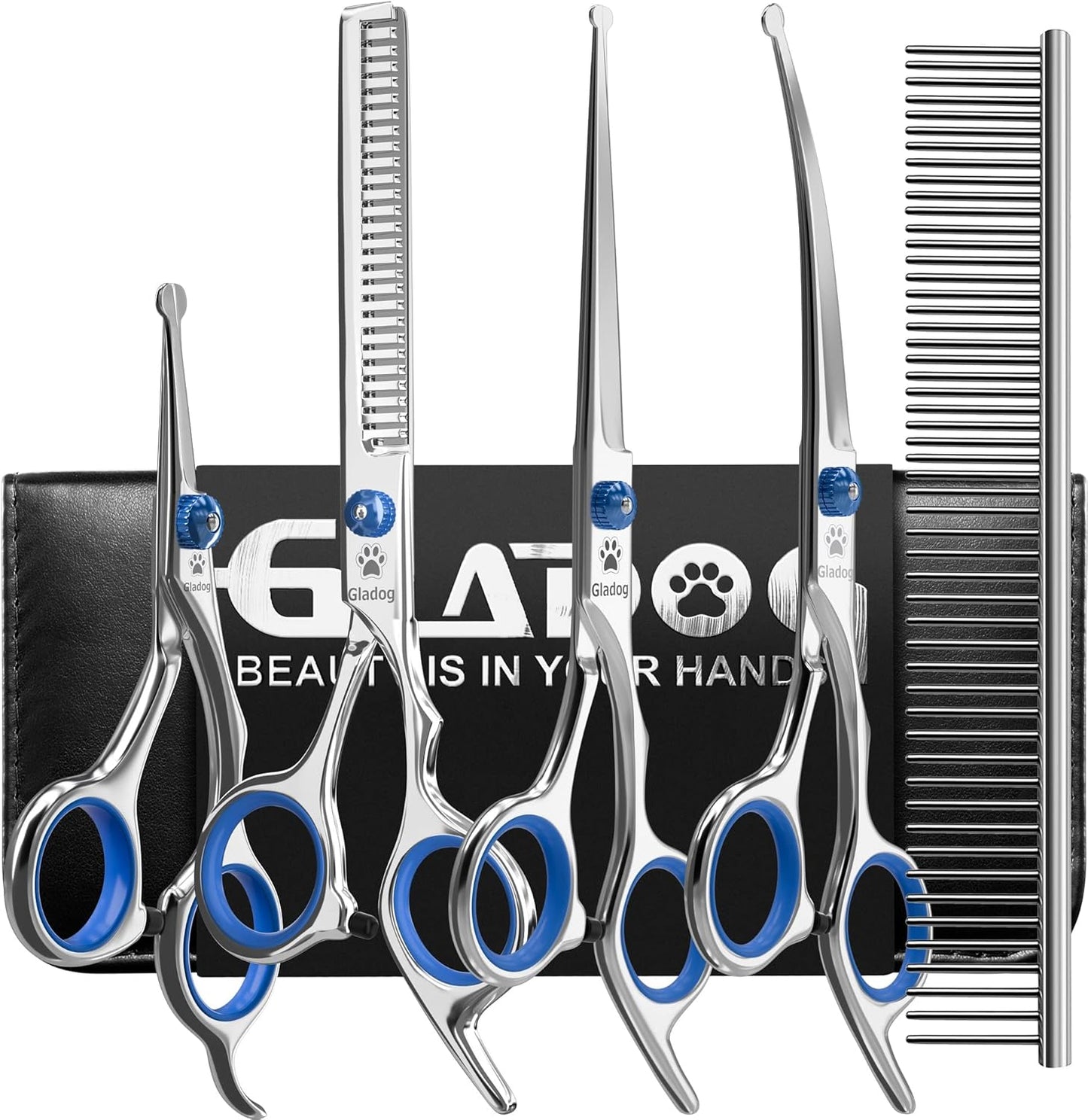 Dog Grooming Scissors Kit with Safety Round Tips, Professional 6 in 1 Grooming Scissors for Dogs, Sharp and Heavy-duty Dog Grooming Shears for Dogs Cats Pets