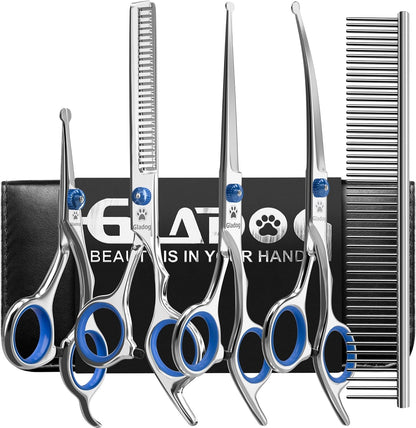 Dog Grooming Scissors Kit with Safety Round Tips, Professional 6 in 1 Grooming Scissors for Dogs, Sharp and Heavy-duty Dog Grooming Shears for Dogs Cats Pets