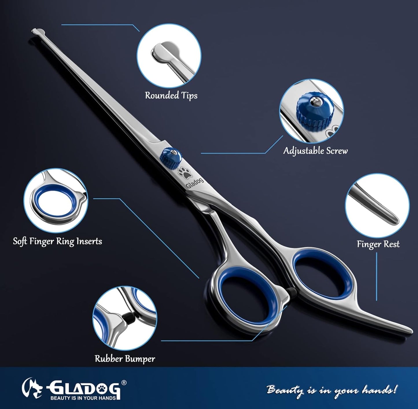 Dog Grooming Scissors Kit with Safety Round Tips, Professional 6 in 1 Grooming Scissors for Dogs, Sharp and Heavy-duty Dog Grooming Shears for Dogs Cats Pets
