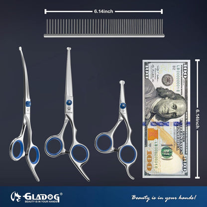 Dog Grooming Scissors Kit with Safety Round Tips, Professional 6 in 1 Grooming Scissors for Dogs, Sharp and Heavy-duty Dog Grooming Shears for Dogs Cats Pets