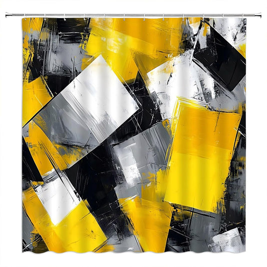 Yellow Black White Gray Shower Curtain,Abstract Painting Art Geometric Modern Polyester Bathroom Curtain with 12 Hooks,Bathtub Home Decor,70x70 Inch