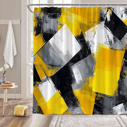 Yellow Black White Gray Shower Curtain,Abstract Painting Art Geometric Modern Polyester Bathroom Curtain with 12 Hooks,Bathtub Home Decor,70x70 Inch