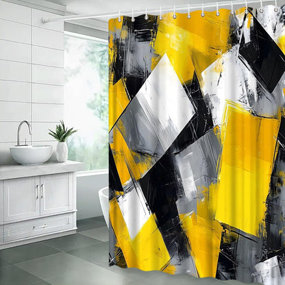 Yellow Black White Gray Shower Curtain,Abstract Painting Art Geometric Modern Polyester Bathroom Curtain with 12 Hooks,Bathtub Home Decor,70x70 Inch