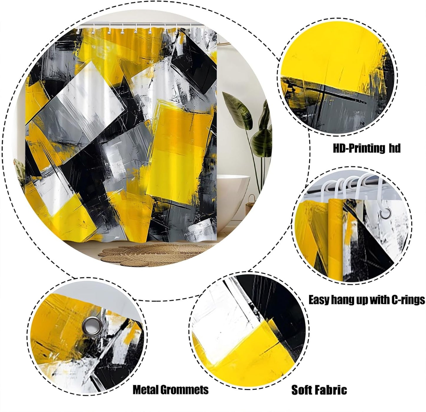 Yellow Black White Gray Shower Curtain,Abstract Painting Art Geometric Modern Polyester Bathroom Curtain with 12 Hooks,Bathtub Home Decor,70x70 Inch