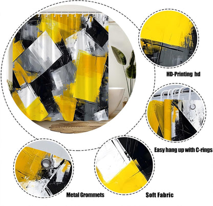 Yellow Black White Gray Shower Curtain,Abstract Painting Art Geometric Modern Polyester Bathroom Curtain with 12 Hooks,Bathtub Home Decor,70x70 Inch