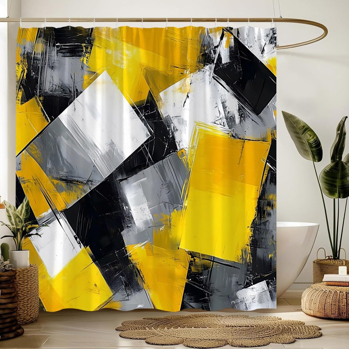Yellow Black White Gray Shower Curtain,Abstract Painting Art Geometric Modern Polyester Bathroom Curtain with 12 Hooks,Bathtub Home Decor,70x70 Inch