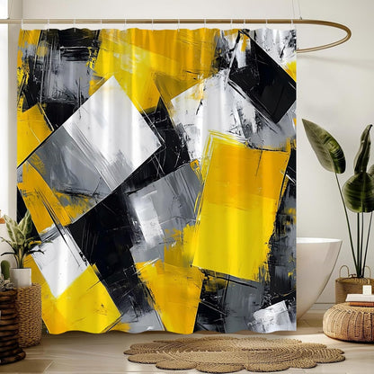 Yellow Black White Gray Shower Curtain,Abstract Painting Art Geometric Modern Polyester Bathroom Curtain with 12 Hooks,Bathtub Home Decor,70x70 Inch