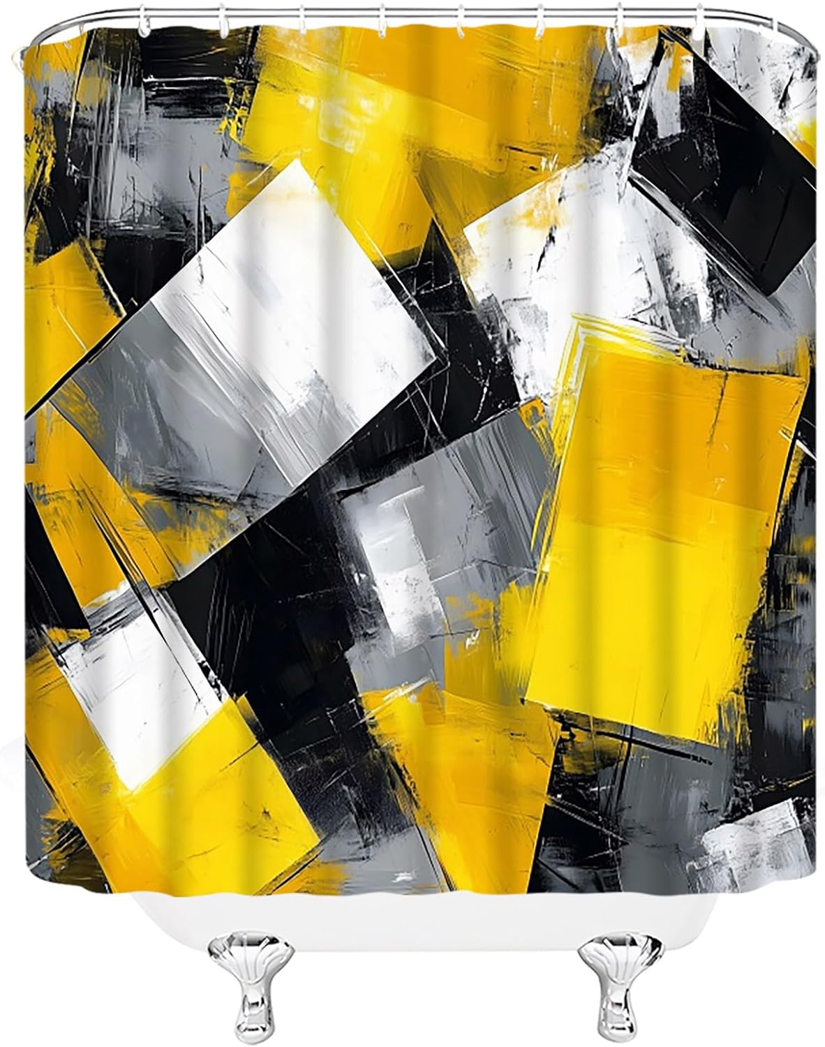 Yellow Black White Gray Shower Curtain,Abstract Painting Art Geometric Modern Polyester Bathroom Curtain with 12 Hooks,Bathtub Home Decor,70x70 Inch