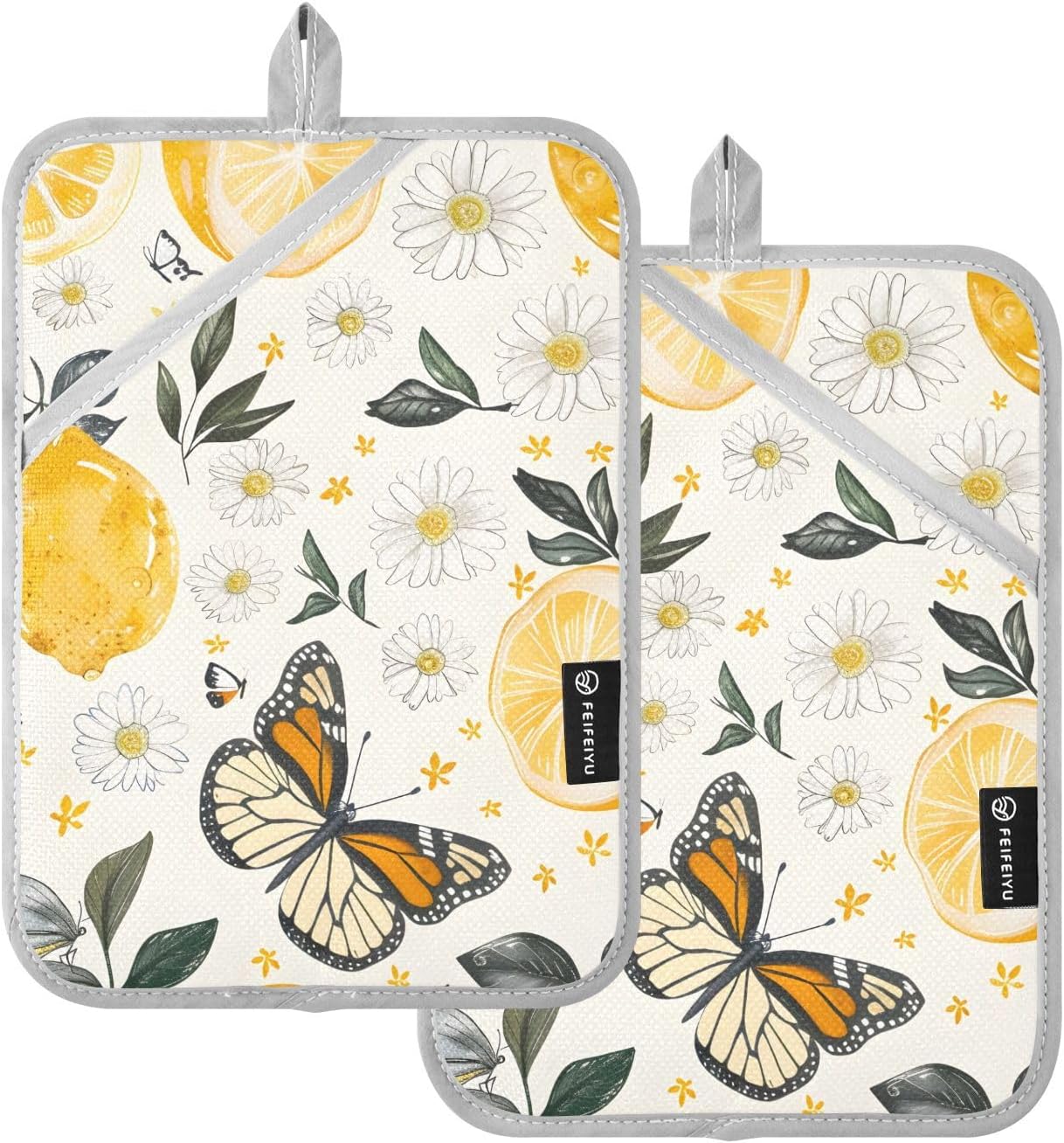 Lemons Flowers and Butterflies 2 Pack Pot Holders for Kitchen, Heat Resistance Oven Mitts and Potholder Sets, Oven Hot Pads for Man Women Home Cooking