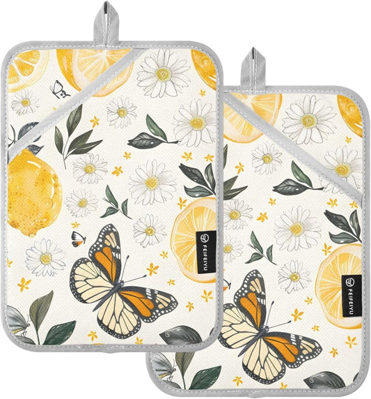 Lemons Flowers and Butterflies 2 Pack Pot Holders for Kitchen, Heat Resistance Oven Mitts and Potholder Sets, Oven Hot Pads for Man Women Home Cooking