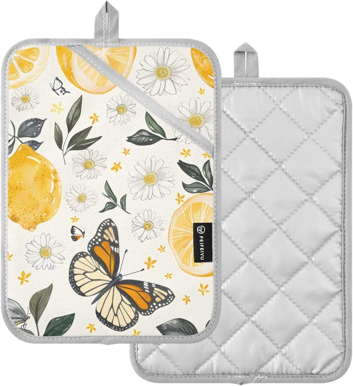 Lemons Flowers and Butterflies 2 Pack Pot Holders for Kitchen, Heat Resistance Oven Mitts and Potholder Sets, Oven Hot Pads for Man Women Home Cooking