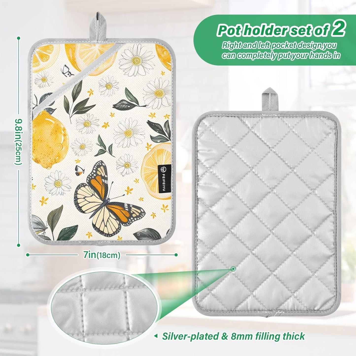 Lemons Flowers and Butterflies 2 Pack Pot Holders for Kitchen, Heat Resistance Oven Mitts and Potholder Sets, Oven Hot Pads for Man Women Home Cooking