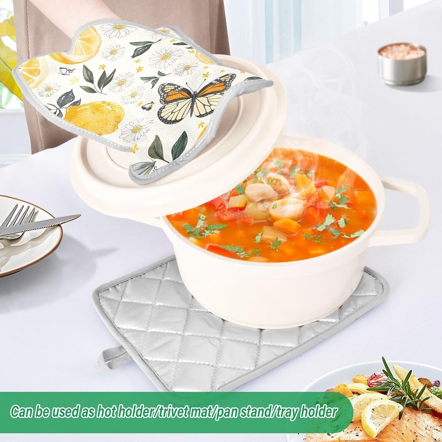 Lemons Flowers and Butterflies 2 Pack Pot Holders for Kitchen, Heat Resistance Oven Mitts and Potholder Sets, Oven Hot Pads for Man Women Home Cooking