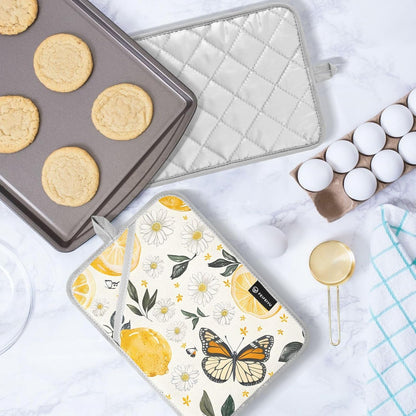 Lemons Flowers and Butterflies 2 Pack Pot Holders for Kitchen, Heat Resistance Oven Mitts and Potholder Sets, Oven Hot Pads for Man Women Home Cooking